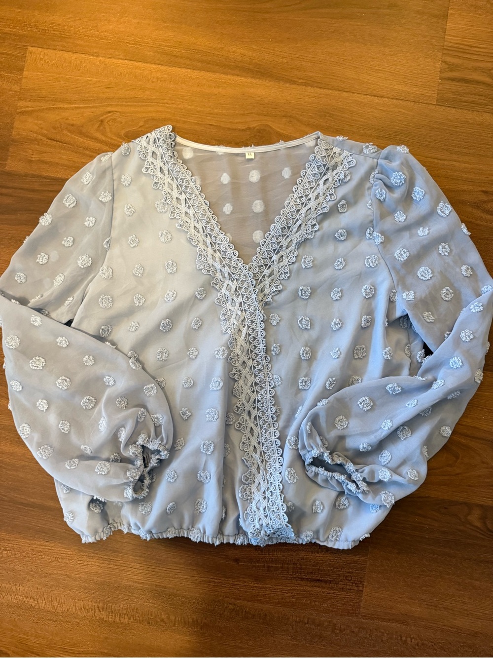 Light Blue Lace-Trim Swiss Dot Blouse